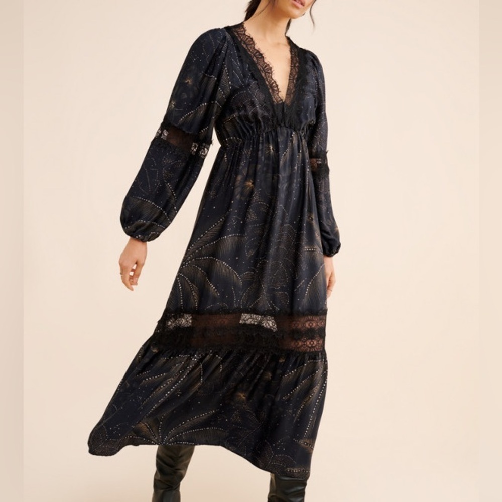 Farm Rio Black Lace Balloon Sleeve V Neck Lightweight Satin Maxi Dress Small